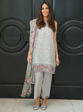 Sahar Embroidered Lawn 3 Piece Unstitched Suit S25FEV2 D-03 SILVER PETAL